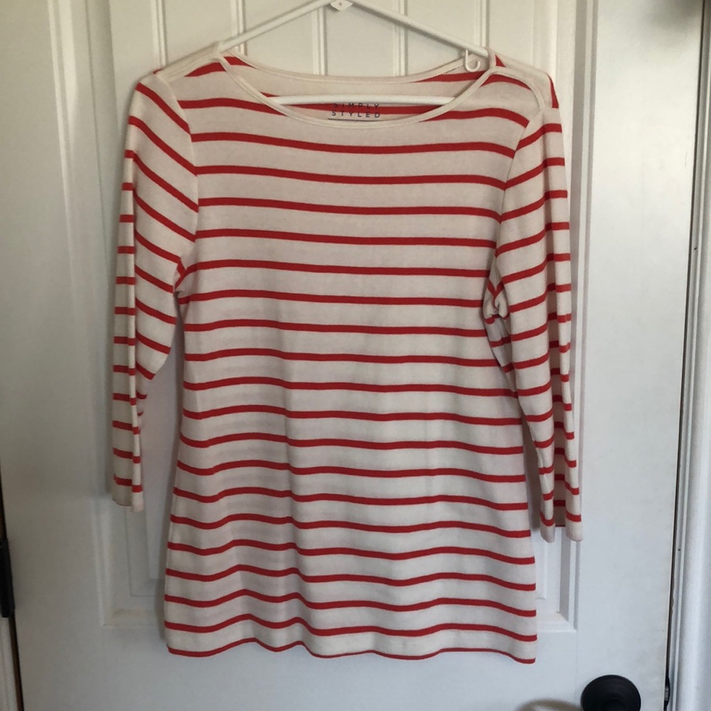Cream and Coral striped 3/4 sleeve tee